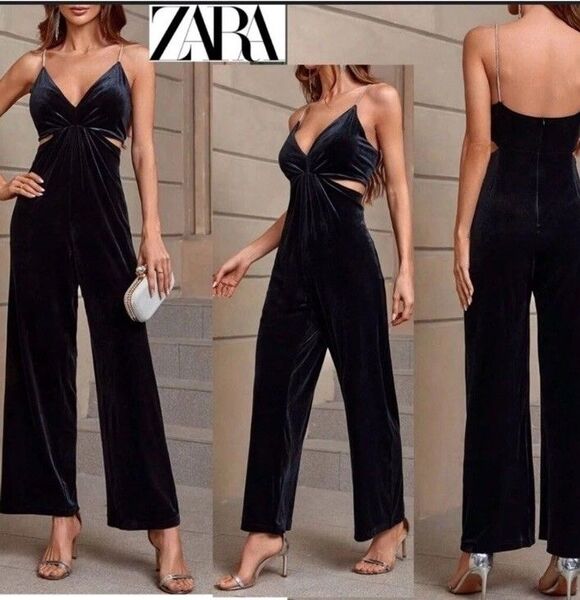 Zara Dresses & Skirts - (Q1) ZARA VELVET JUMPSUIT WITH RHINESTONE STRAPS, size S